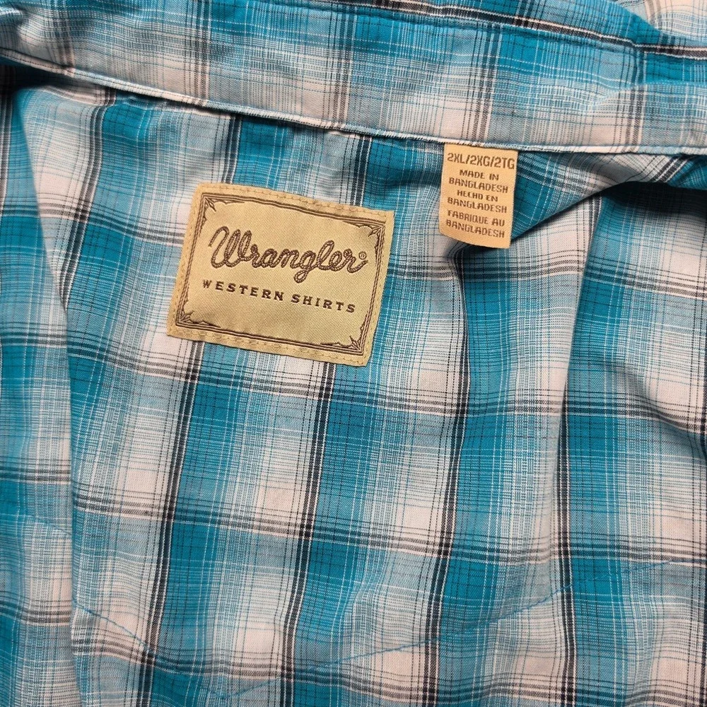 Wrangler Pearl Snap Shirt Mens 2XL Plaid Turquoise Blue Short Sleeve Western